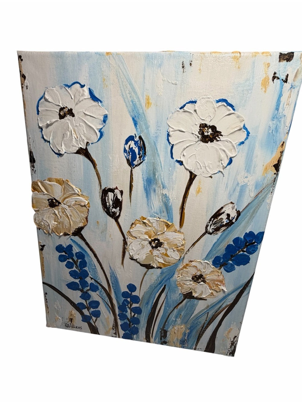 NWT Acrylic Textured Floral Canvas Painting in White, Blue & Cream 14 x 18" - Picture 2 of 14